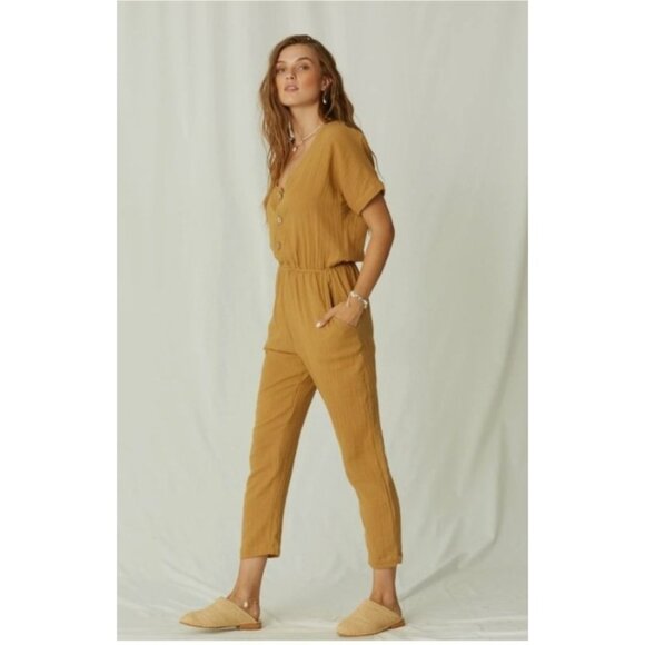 Jens Pirate Booty Senesi Jumpsuit Woven Gauze Cotton Ankle Mustard Tan XS - Picture 1 of 16